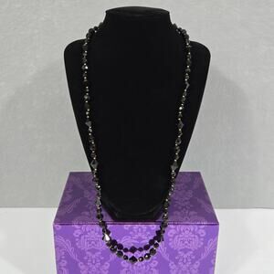 Vintage Art Deco Jet Black Diamond Faceted Glass Bead Knotted Strand Necklace